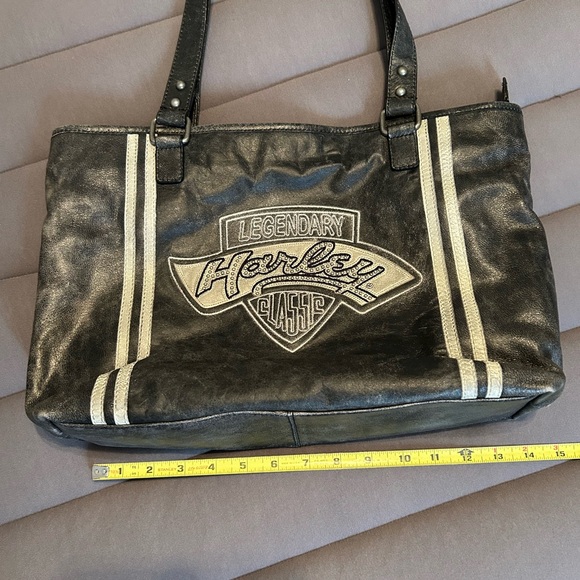 Vintage HARLEY DAVIDSON Black Leather Logo Tote / Messenger Bag / Purse - Picture 2 of 9